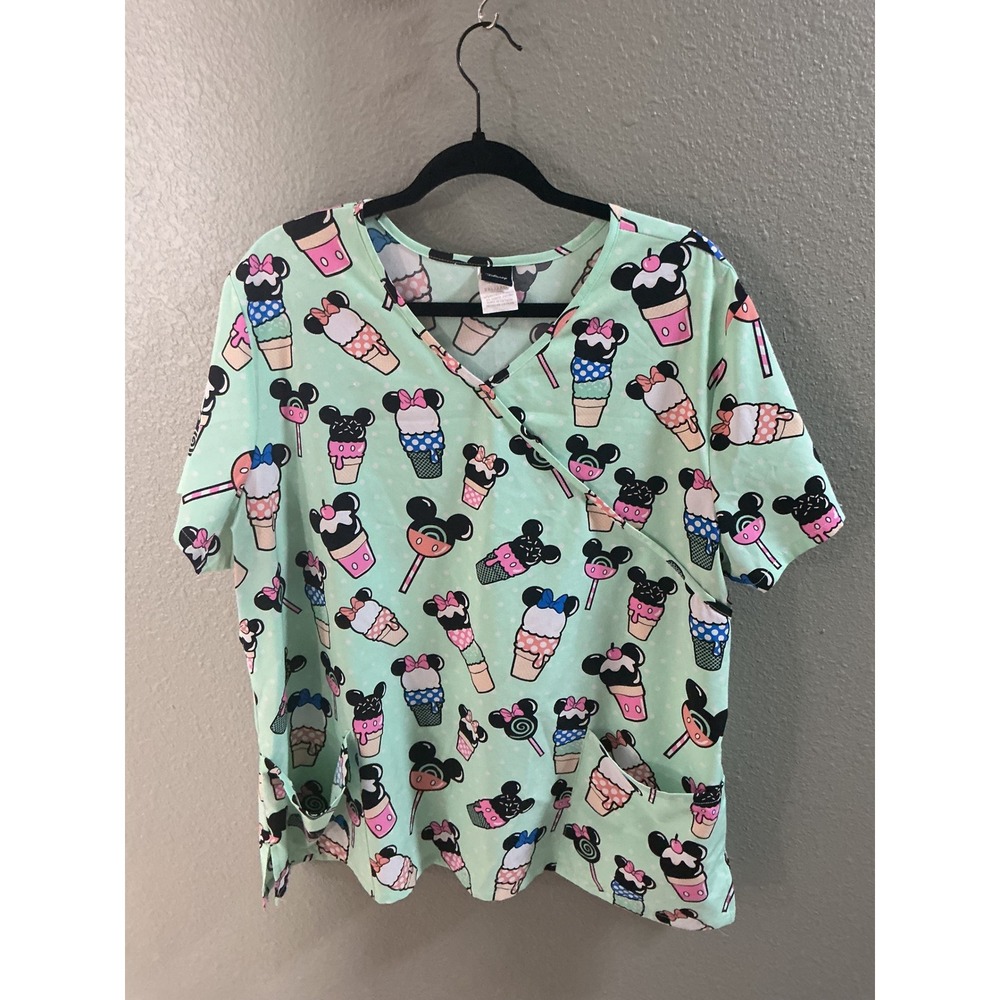 Disney Scrub Top Womens 2XL Green Excellent Mickey Minnie Ice Cream Mock Wrap